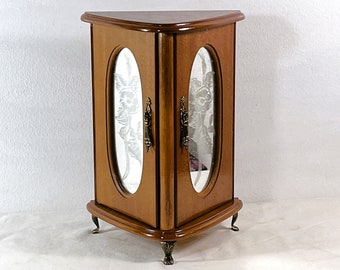Vintage Stunning Oak Jewelry Armoire. Triangular Shape, 2 Doors, Floral Mirrors, Rings & Earrings Trays, Hangers, 11" T. Free US Shipping.