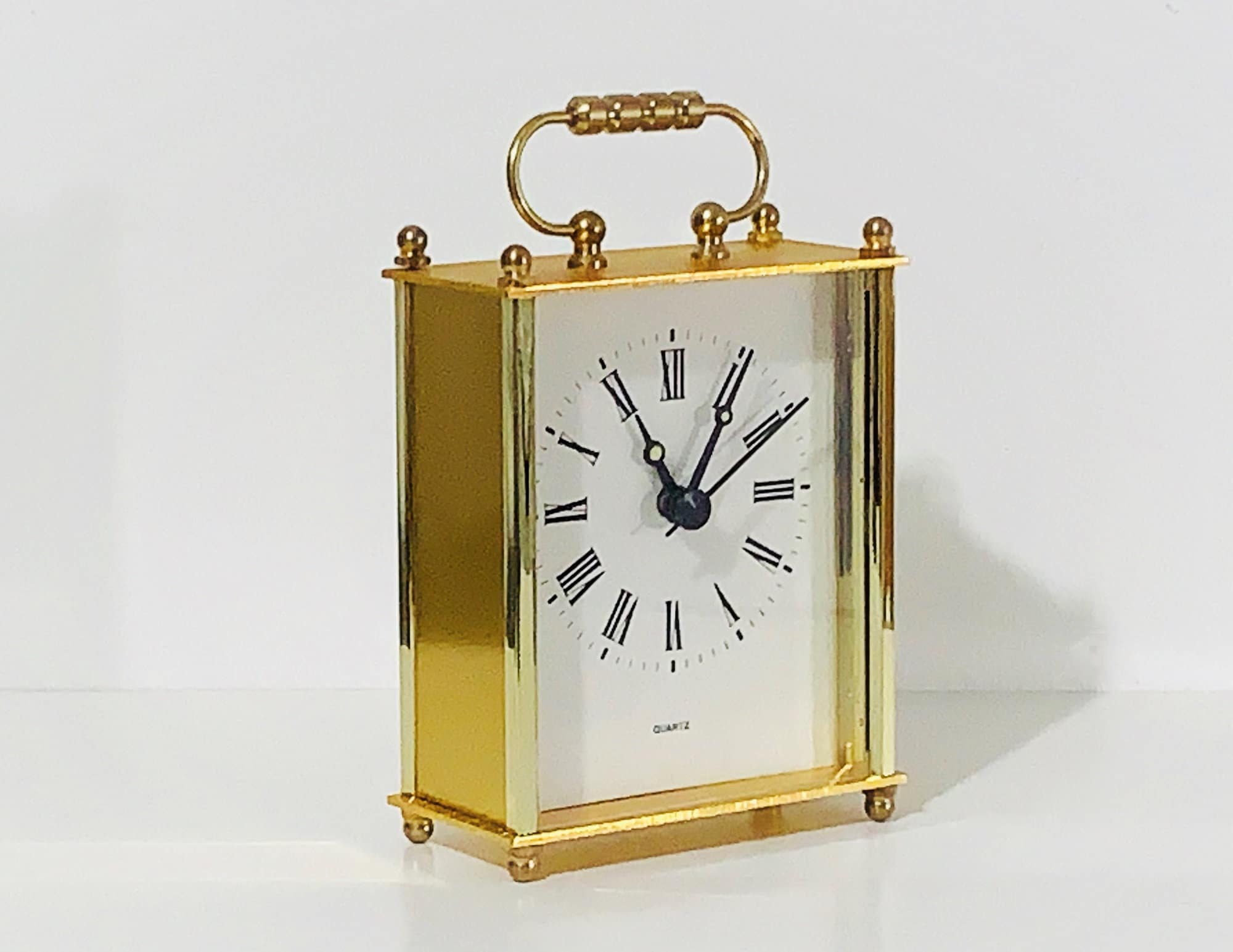 Beautiful Mini Carriage Clock, Quartz Movement, Luminous Hands, Brass and  Brass Finish Case,  H - 3 W  D. Mint Condition.
