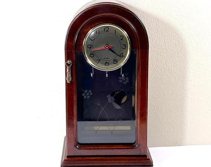 Vintage Carved Mahogany Wood Jewelry Storage Tower W/ Clock. Etched Glass, Movable Tray, 12" T. 6.5" W. 6" D. Restored, Free US Shipping.