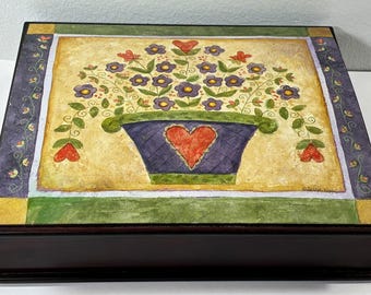 Vintage Mahogany Wood Floral Jewelry Box, Handcrafted & Painted, Hinged Domed Lid, Padded Sections. 9.75" W. 8.5" L. Free US Shipping