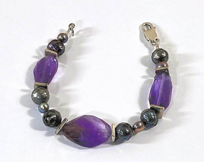 Vintage Sterling Silver Natural Amethyst & Black Pearls Bracelet, Large Polished Amethyst Chunks, 7.5" Long, 23 Grams. Free US Shipping