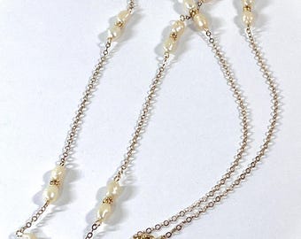 Vintage Winard® 14K Gold Filled & FW Pearls Necklace, 18 Natural Pearls Spaced, Rolo Link Chain 24" L. Signed.  6 Grams. Free US Shipping.