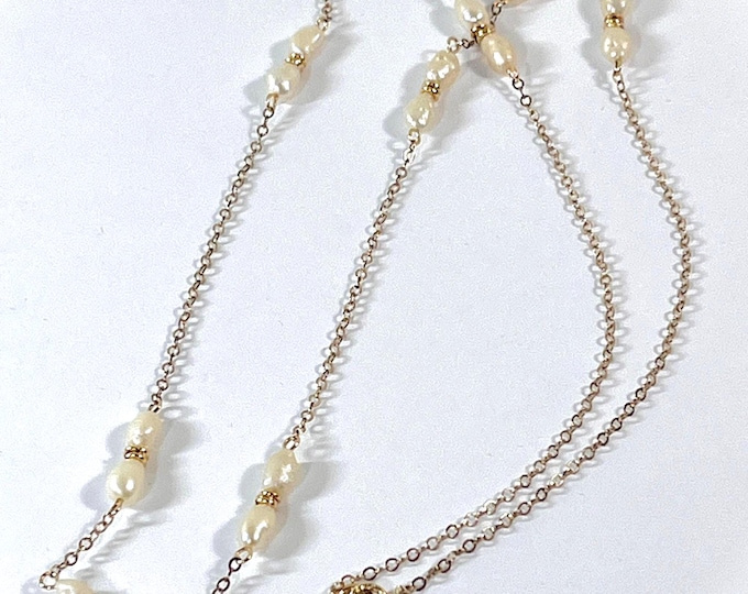 Vintage Winard® 14K Gold Filled & FW Pearls Necklace, 18 Natural Pearls Spaced, Rolo Link Chain 24" L. Signed.  6 Grams. Free US Shipping.