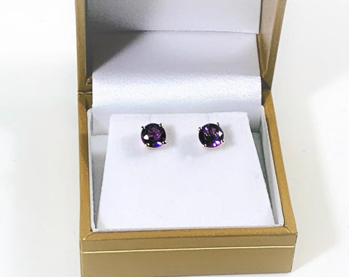 14K Yellow Gold Deep Purple Amethyst Studs, Round Brilliant Full Cut Genuine Amethyst 6.3 mm, 1.58 carat T.W. Free US Shipping.