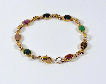 VTG Natural Carved Gems Scarab Bracelet, 8 Scarabs 8X6mm, Jade, Coral, Onyx, Tiger Eye, Onyx Etc. 18K Gold Clad, 7.5" L. Free US Shipping
