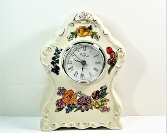Vintage Studio Nova™ Germany Porcelain Clock, Handcrafted & Painted Roses, Gold Accents, 7.5" T. 5" W. Works Perfect. Free US Shipping.
