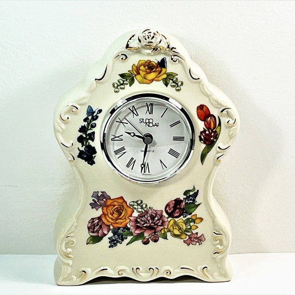 Vintage Studio Nova™ Germany Porcelain Clock, Handcrafted & Painted Roses, Gold Accents, 7.5" T. 5" W. Works Perfect. Free US Shipping.