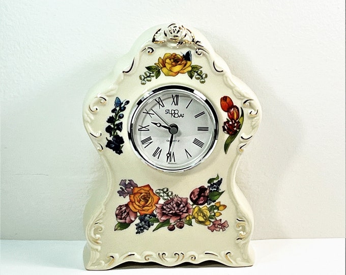 Vintage Studio Nova™ Germany Porcelain Clock, Handcrafted & Painted Roses, Gold Accents, 7.5" T. 5" W. Works Perfect. Free US Shipping.