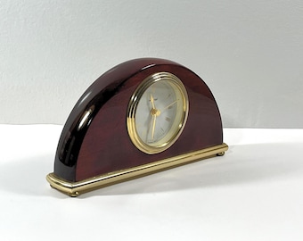 Timedesign™ High Gloss Cherry Wood & Brass Mantel Alarm Clock, Precision German Quartz, Mint Condition, 8" W. 4.5" T. Free US Shipping