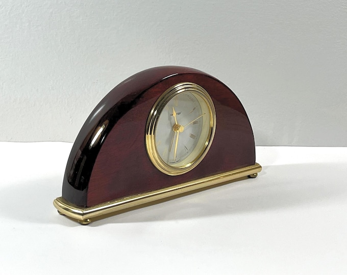 Timedesign™ High Gloss Cherry Wood & Brass Mantel Alarm Clock, Precision German Quartz, Mint Condition, 8" W. 4.5" T. Free US Shipping