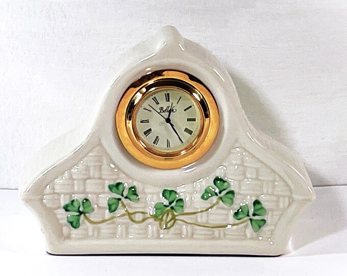 Vintage Original Belleek® Ireland Porcelain Green Shamrock Clovers Clock. Signed, Perfect Condition, Serviced, 4" T. 5" W. Free US Shipping.