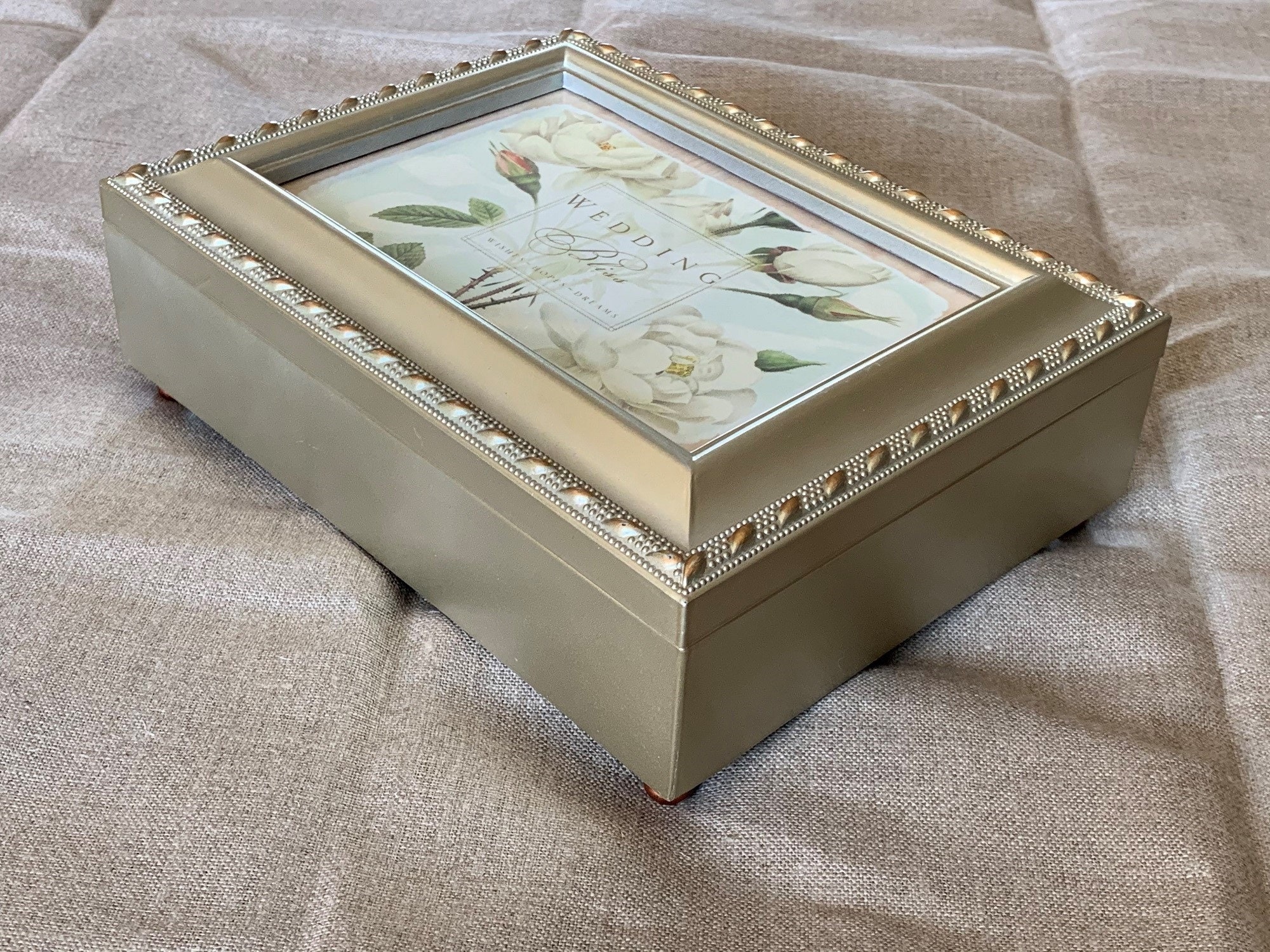 Vintage Sankyo Music Jewelry Memory Trinket Metallic Padded Box, Ornate