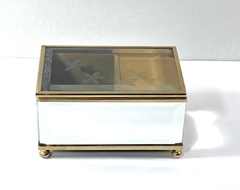 VTG Sankyo Music Jewelry Box, Plays"You Light Up My Life", Etch Floral Glass Lid, Mirrors All Sides, Brass Frame, 5X3.5". Free US Shipping