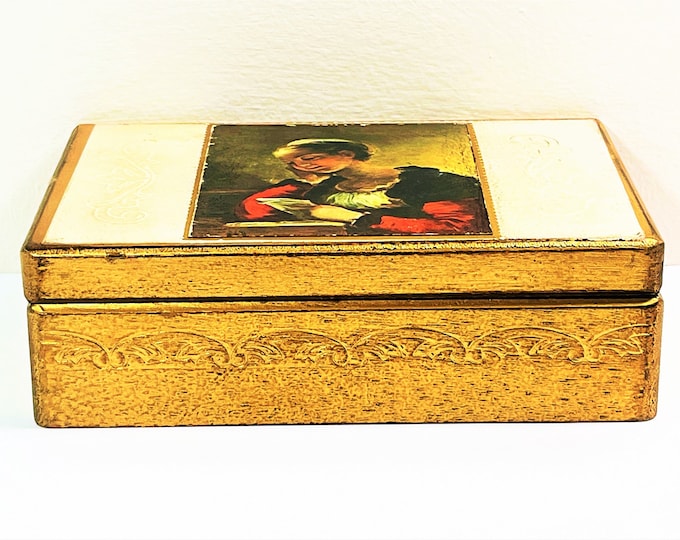 Antique Japan Carved Rosewood Jewelry Trinket Box, Gold Gilt, Women Reading Artwork Top, Red Fabric Lining, 8" W. 5.5" L. Free US Shipping