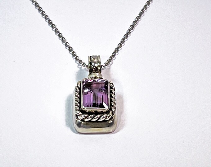 Sterling Silver Large Emerald Cut Amethyst Slide, 7.25 Carats, 14X10mm, Rope Bezel Setting, 18" Rolo Link Chain, 15 Grams. Free US Shipping