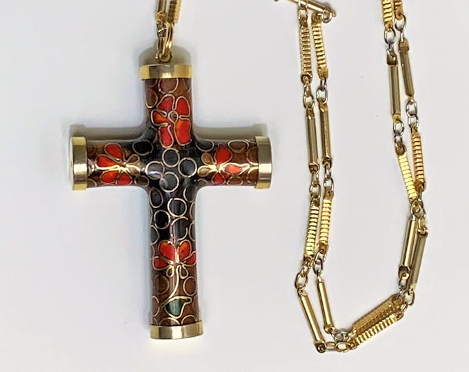 Antique Venetian Cloisonné Cross Necklace, 2" Long W/Original 24" Link Chain. 18K Gold Overlay, Barrel Shaped - No Seams, Free US Shipping.