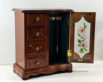Vintage Mele™ Wood Jewelry Armoire, Floral Glass Door, Hangers, Mirror, 4 Drawers, Rings Drawer,10.5" Tall, 9" W. Restored. Free US Shipping