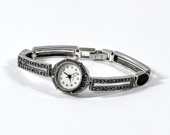 Vintage Sterling Silver Marcasite & Black Onyx Women Watch, 28.5 Grams. Octagon Case 24x18mm. 7" L. Serviced. Free US Shipping.