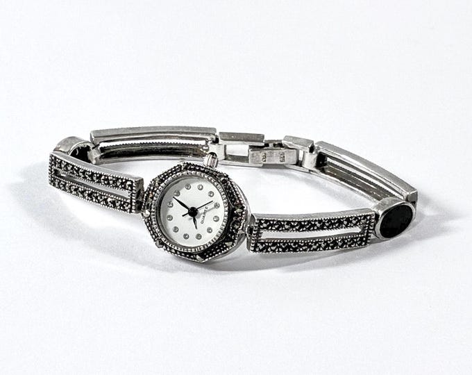 Vintage Sterling Silver Marcasite & Black Onyx Women Watch, 28.5 Grams. Octagon Case 24x18mm. 7" L. Serviced. Free US Shipping.