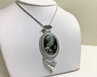 Large Moss Agate Victorian Statement Necklace, Shades of Green, 3" Long Slide, 18" Snake Chain, Hand Crafted Original Piece.