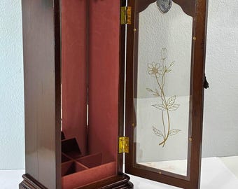 Vintage Mahogany Carved Wood Jewelry Armoire. Floral Plexiglass Door, Mirror, Hangers, 14" T. 6" W. Free US Shipping.