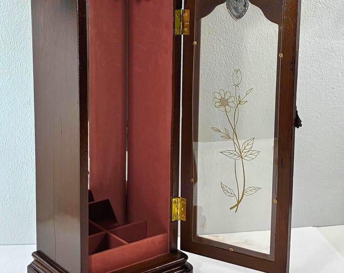 Vintage Mahogany Carved Wood Jewelry Armoire. Floral Plexiglass Door, Mirror, Hangers, 14" T. 6" W. Free US Shipping.