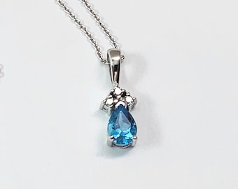 14K White Gold Swiss Blue Topaz & Diamonds Necklace, Top Quality Gem 1.10 Carats. 5X7 mm, 3 Round Diamonds, 18" Rolo Chain. Free US Shipping