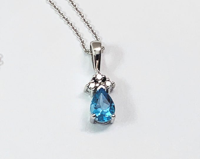 14K White Gold Swiss Blue Topaz & Diamonds Necklace, Top Quality Gem 1.10 Carats. 5X7 mm, 3 Round Diamonds, 18" Rolo Chain. Free US Shipping