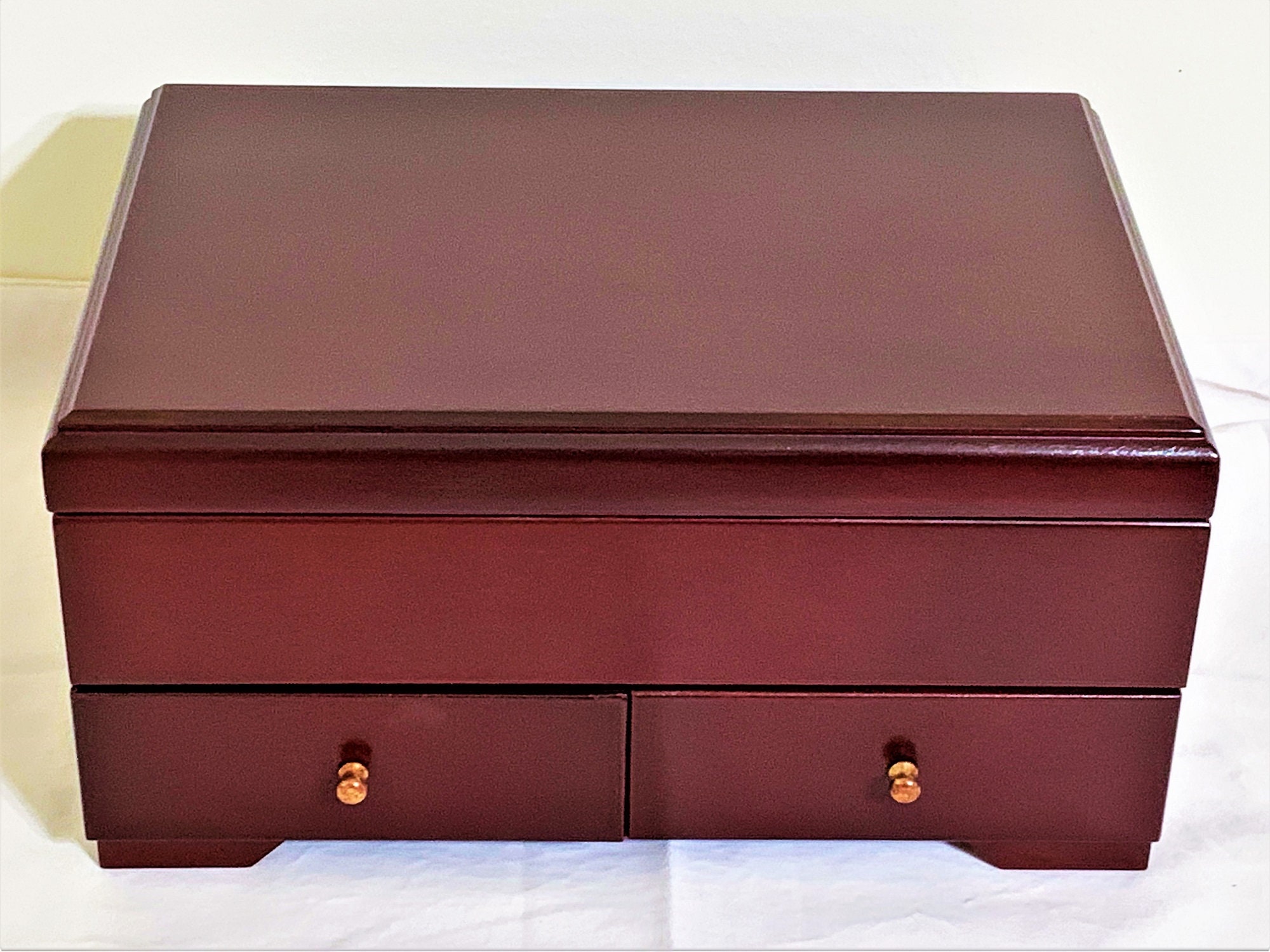 Vintage Fine Wood Large Jewelry Box, Mahogany Piano Finish, Large