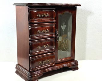 Vintage Mahogany Wood Musical Jewelry Armoire, Floral Glass Door, Hangers, Mirror, 4 Drawers, 12" Tall, 10" W. Restored. Free US Shipping