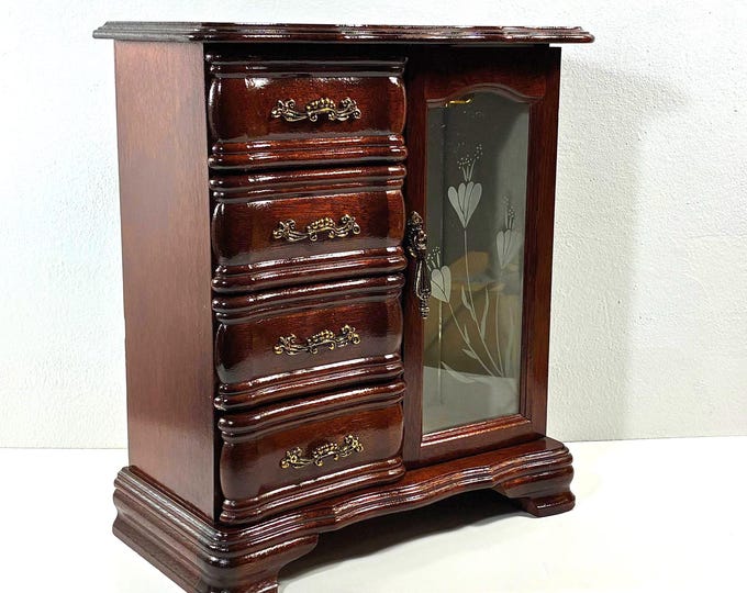 Vintage Mahogany Wood Musical Jewelry Armoire, Floral Glass Door, Hangers, Mirror, 4 Drawers, 12" Tall, 10" W. Restored. Free US Shipping