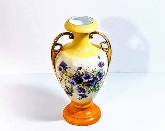 Vintage Victoria Carlsbad Austria Hand Painted Vase, Circa 1977 Doubled Handle Floral, Signed & Numbered, 8.25" Tall, Well Preserved.