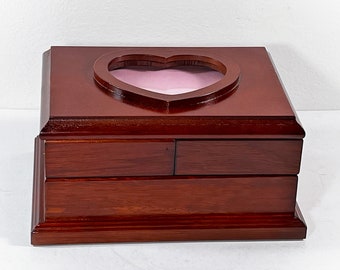 Vintage Mahogany Solid Wood Jewelry Box, Heart Glass Window, 2 Hinged Slide Out Trays, 5 Compartments, 9" W. 6.5" L. 5" H. Free US Shipping