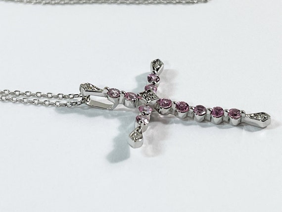 10K White Gold Pink Sapphire & Diamond Cross Neck… - image 6
