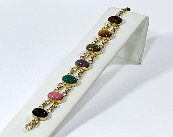 Vintage Carla® 14K Gold Filled Unique Scarab Bracelet. 7 Natural Gemstone Scarabs 14X10mm, 7.5" L. 17.50 Grams, Free US Shipping