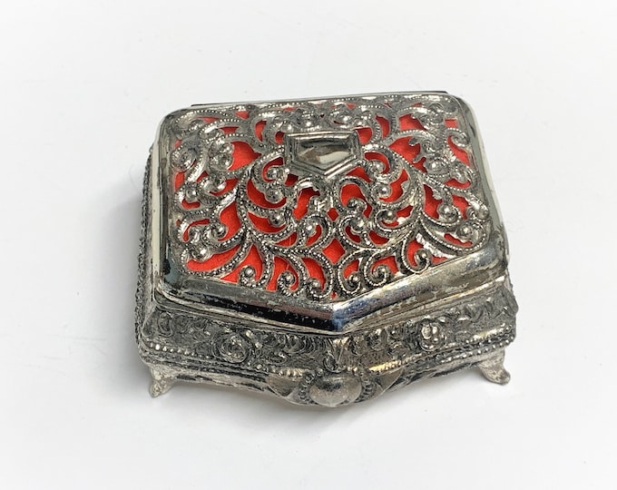 Antique Silver Clad Small Treasure Box. Filigree Top. Raised Embossed Patterns, Red Velvet, 2.75" W, 2" L, Japan 1950's. Free US Shipping.
