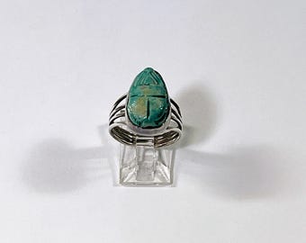 Antique 1930's England Sterling Silver Authentic Egyptian Faience Scarab Ring. Handmade, Size 7. 5.30 Grams, Refinished. Free US Shipping