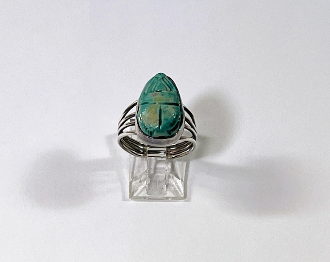 Antique 1930's England Sterling Silver Authentic Egyptian Faience Scarab Ring. Handmade, Size 7. 5.30 Grams, Refinished. Free US Shipping