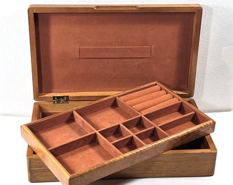 Vintage Teak Hardwood Jewelry Box, Padded Divided Removable Tray, Padded Lower Section, 12" W. 7.25" L. Great Condition, Free US Shipping