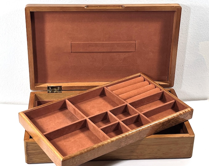 Vintage Teak Hardwood Jewelry Box, Padded Divided Removable Tray, Padded Lower Section, 12" W. 7.25" L. Great Condition, Free US Shipping