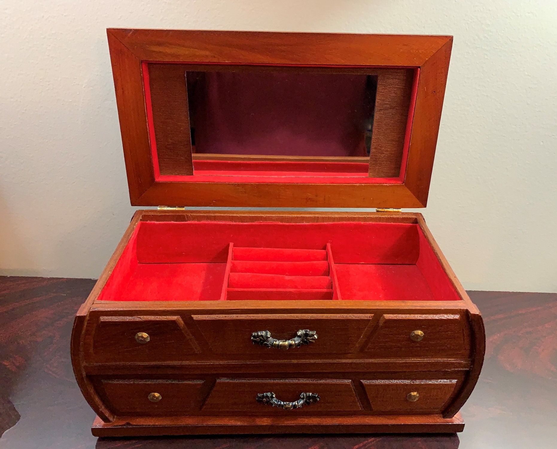 Vintage Solid Wood Jewelry Box,Hand Crafted, Mirror