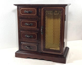 Vintage 1960's Rosewood Jewelry Armoire, Brass Wire Screen Door, Swirly Hangers, Rings Section, 4 Drawers, 10" T. 10" W. Free US Shipping.