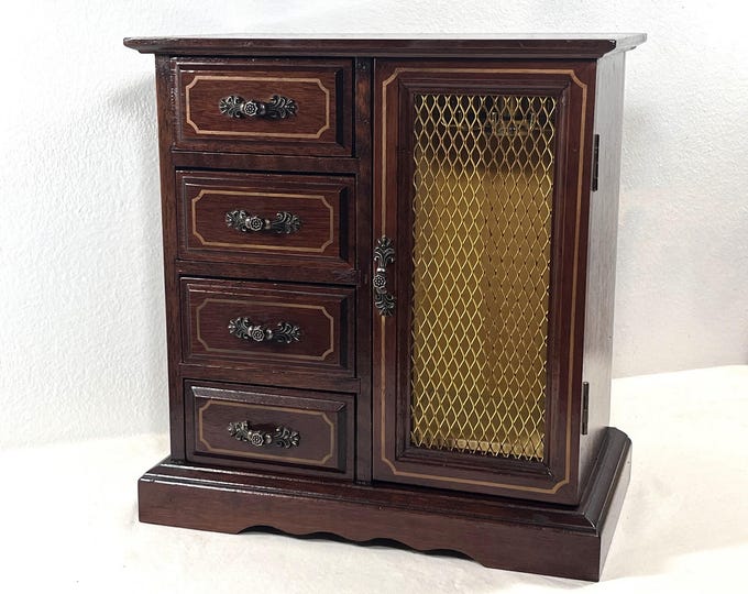 Vintage 1960's Rosewood Jewelry Armoire, Brass Wire Screen Door, Swirly Hangers, Rings Section, 4 Drawers, 10" T. 10" W. Free US Shipping.