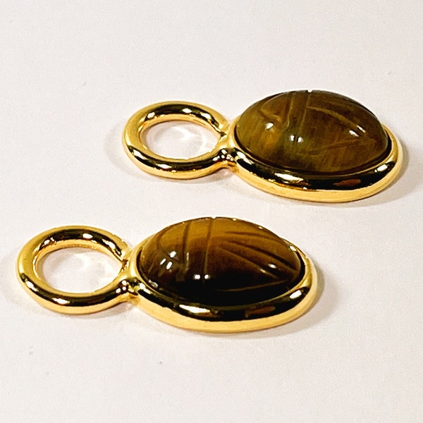 Tiger's Eye Scarabs Earrings Charms, 14X10mm Gemstones, Bezel Set, 18K Gold Clad. 1" Long, Large 10mm Loop. Mint. Free US Shipping.