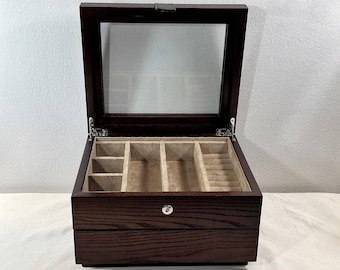 Vintage Teak Wood & Leather Large Heavy Jewelry Box, Restored. Glass Window, Ring Section, Large Drawer, 10" W. 8.5" L. Free US Shipping.