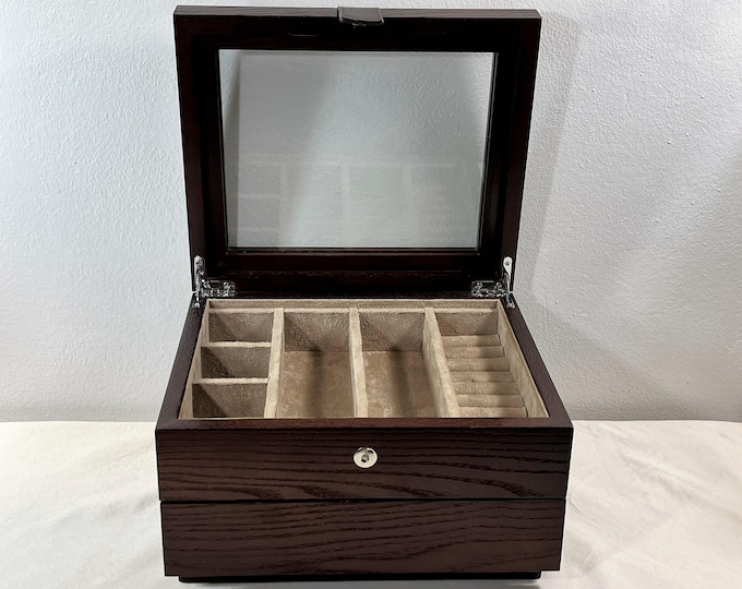 Vintage Teak Wood & Leather Large Heavy Jewelry Box, Restored. Glass Window, Ring Section, Large Drawer, 10" W. 8.5" L. Free US Shipping.