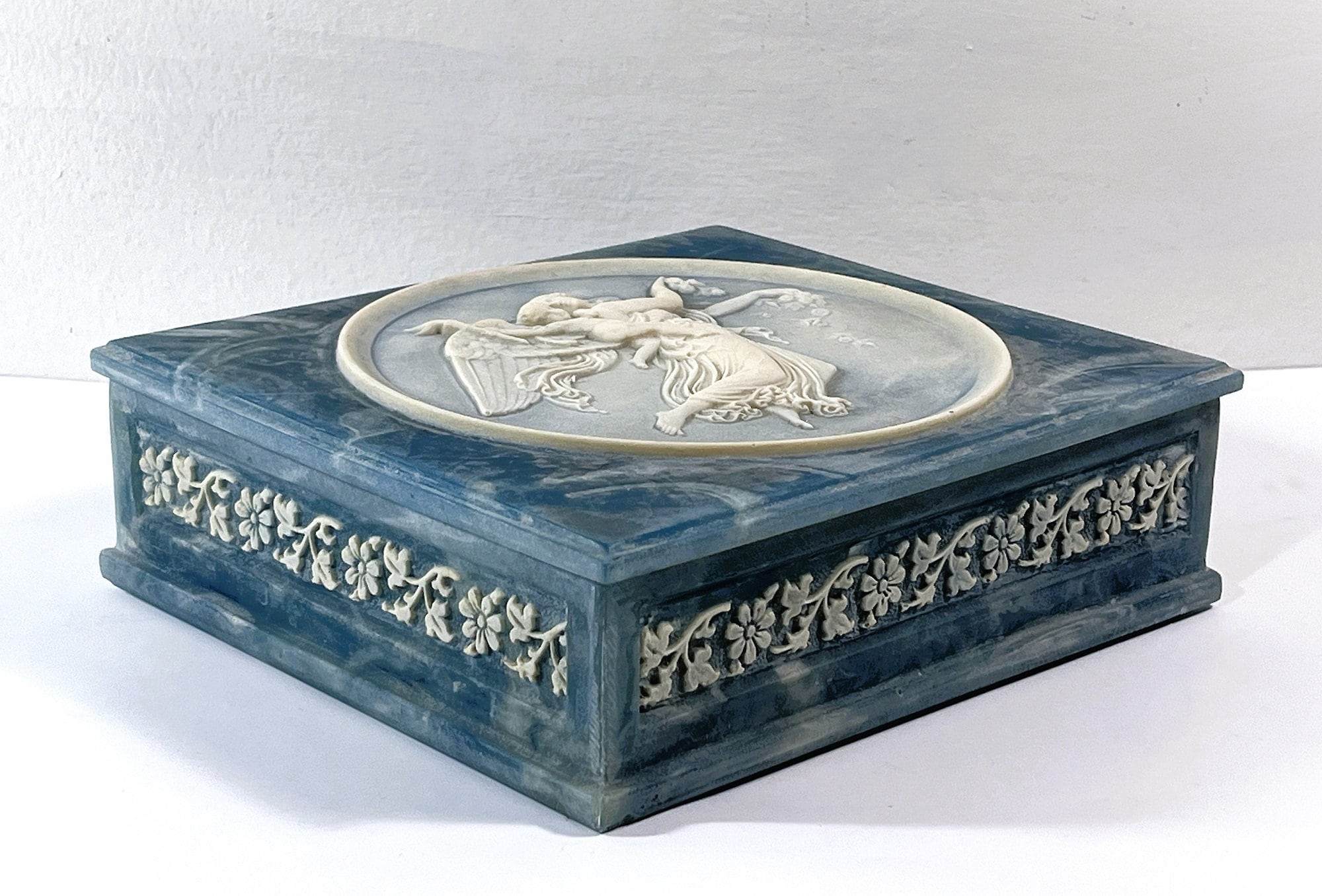 Vintage Genuine Incolay Stone Collectors Box Carved 3D Cameo Angel Cherub on Top Signed 7.5 W. 6.75 L. Top Grade. Free US Shipping