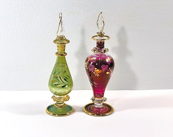 Vintage Set of Two Egyptian Hand Made - Blown Glass Perfume Bottles, Etched Patterns, Gold Leaf Accents, 7" T. Free US Shipping.