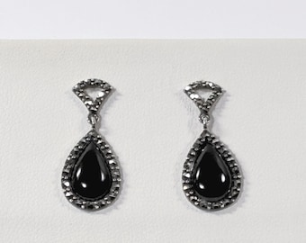 Vintage Sterling Silver Black Onyx & Marcasite Halo Dangle Earrings, Pear Shape Cabochon Onyx 12X6mm, 1" Long, Polished. Free US Shipping