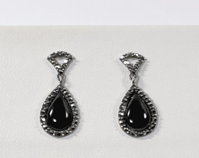 Vintage Sterling Silver Black Onyx & Marcasite Halo Dangle Earrings, Pear Shape Cabochon Onyx 12X6mm, 1" Long, Polished. Free US Shipping